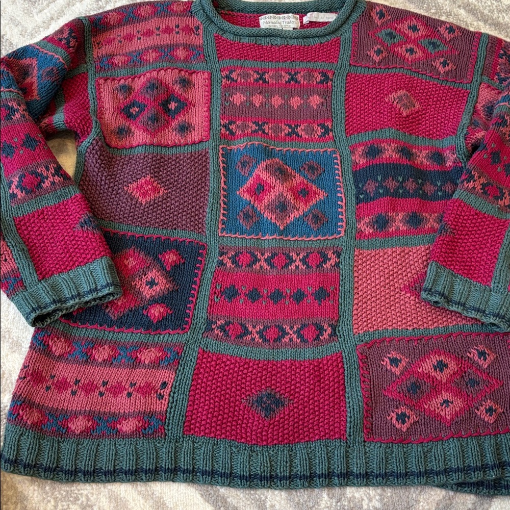 Vintage Signature Northern Isles hand knit sweater patchwork cotton blend L